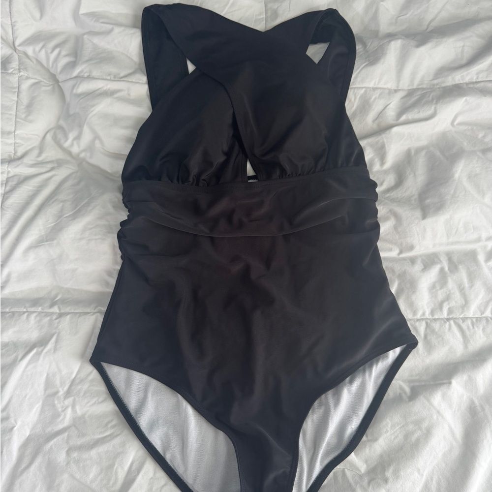 Black One-Piece Swimsuit Size Small | Crisscross Back | Ruched Waist, 26” length